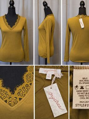 NWT Mystree Olive Lace Trim V-Neck Modal Top Size S